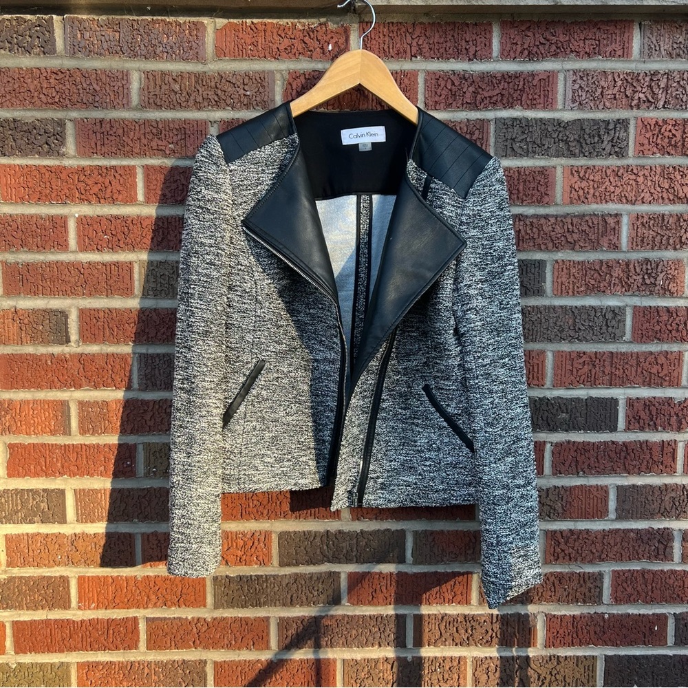 Calvin Klein Marled Gray and White Leather Panel Zip Up Blazer Jacket